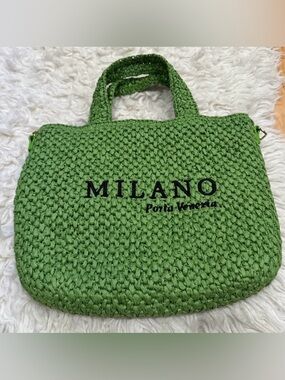 H&M Green MILANO Embroidered Woven Tote NWOT